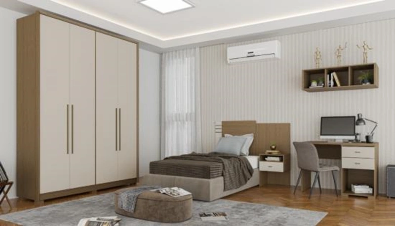 Quarto de solteiro com móveis convencionais